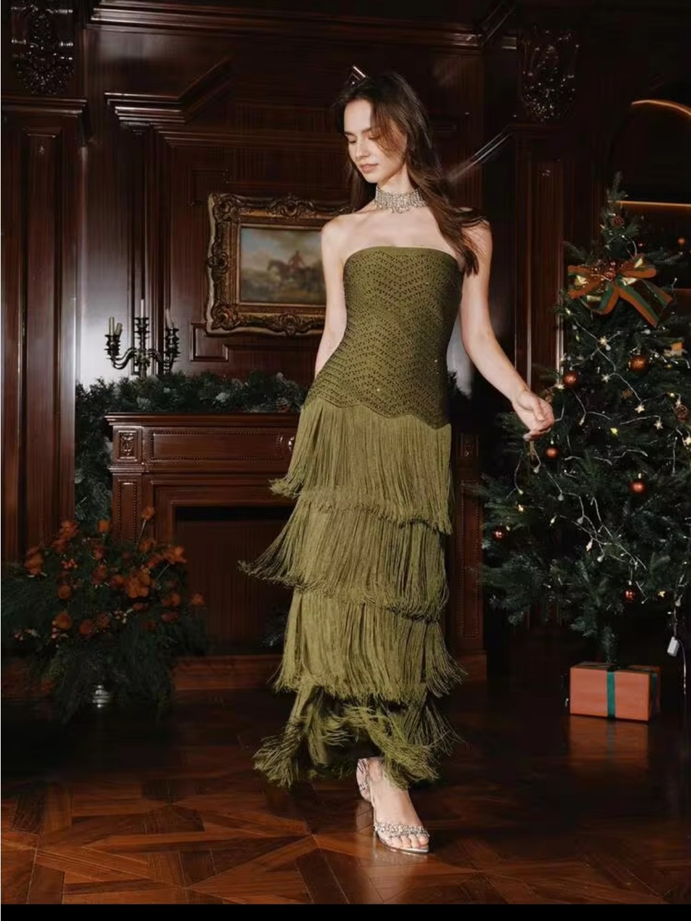 SHEIN Olive Green Strapless Fringe Maxi Dress